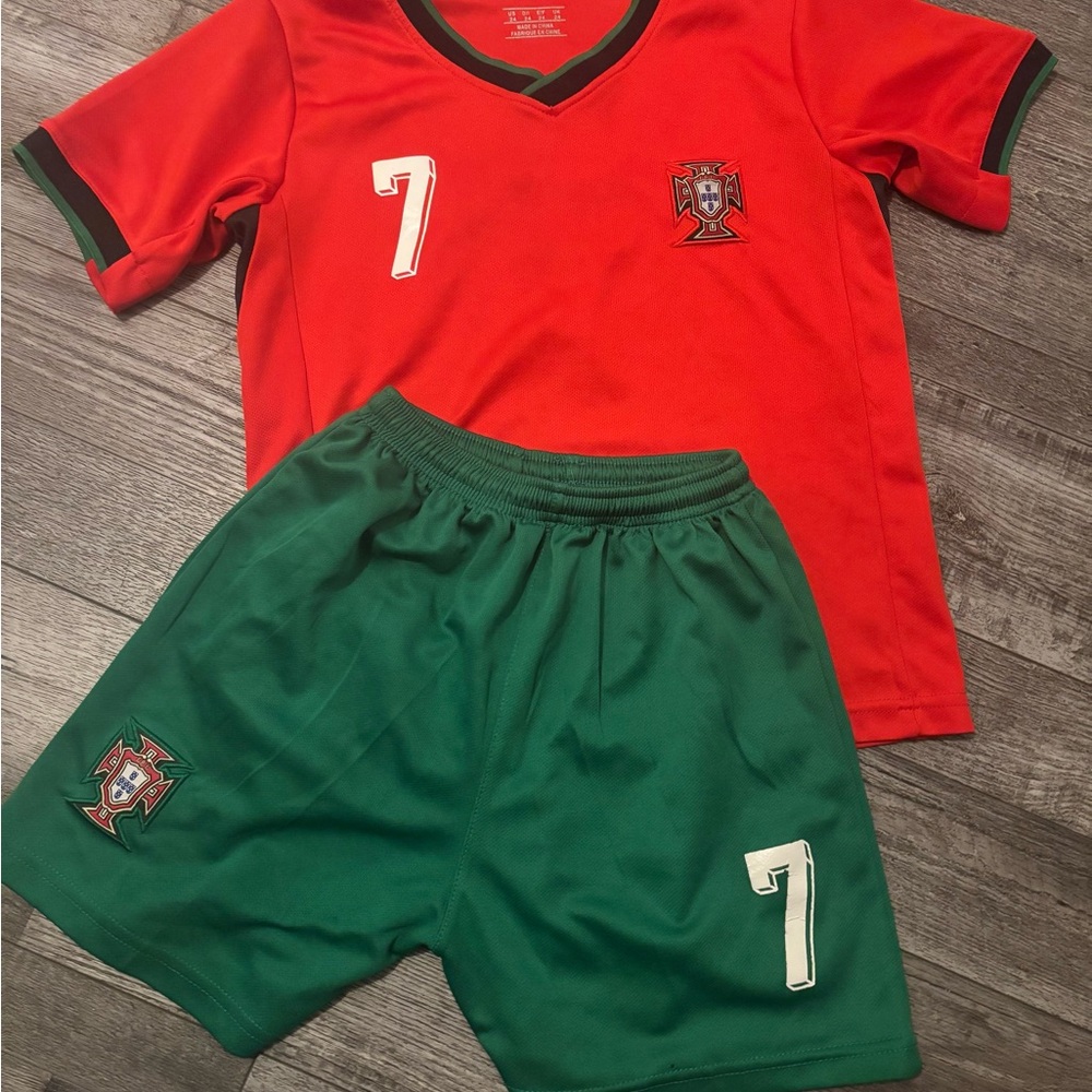 Kids Red and Green Soccer Jersey Set RONALDO